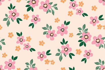 Seamless floral pattern, liberty ditsy print of simple plants in a cute baby motif. Pretty botanical design of small pink daisy flowers, tiny leaves, simple mini spring bouquets. Vector illustration.