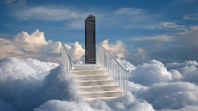 White stairway rising through cloud to ornate iron gate under blue sky with white railing stair, ethereal clouds and peaceful sky gate stairway