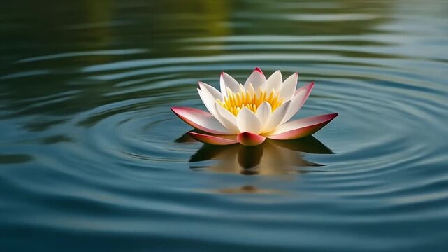 Lotus flower floating on calm water with ripples, serene nature. Zen and tranquility concept