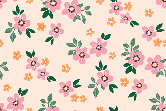 Seamless floral pattern, liberty ditsy print of simple plants in a cute baby motif. Pretty botanical design of small pink daisy flowers, tiny leaves, simple mini spring bouquets. Vector illustration.