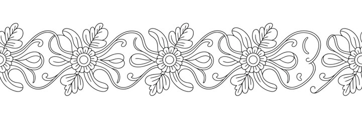 Black and white floral ornamental border with repeating flower and leaf design floral border decorative