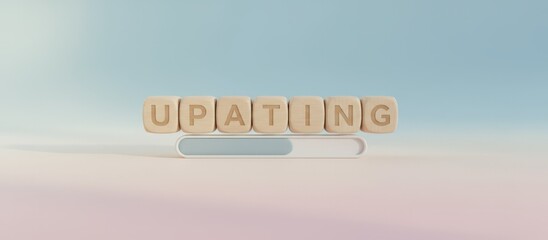 Updating text made of wooden letter blocks with an incomplete progress bar underneath, representing a loading process, system regeneration, or data transfer against a clear background