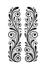 Black and white ornamental flourish with swirling vines and dots on white background scroll
