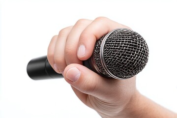 Close-Up Studio Shot of Hand Holding Microphone on White Background. Generative AI