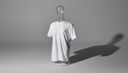 White tshirt displayed on clear mannequin torso figure. Suitable for showcasing customizable apparel designs for online clothing stores and graphic designers.