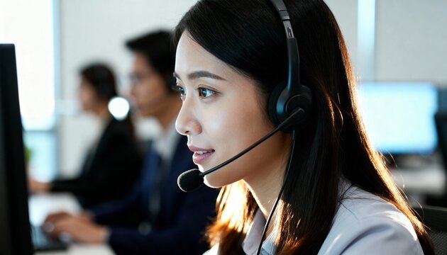 Focused call center employee in a modern office with soft monitor lighting. - Powered by Adobe