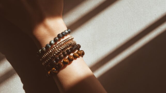Elegant bracelet collection on wrist showcasing natural light and shadow patterns