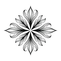 Black and white ornate floral symmetrical design with flowing lines and pointed petals abstract border