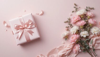 Elegant pink gift box with satin ribbon and pastel flowers on soft pink background, romantic minimal flat lay for celebration or feminine themes.