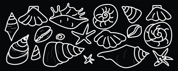 Dark Theme Shell Sketches, Bold Seashell Line Icons, Black White Ocean Shells