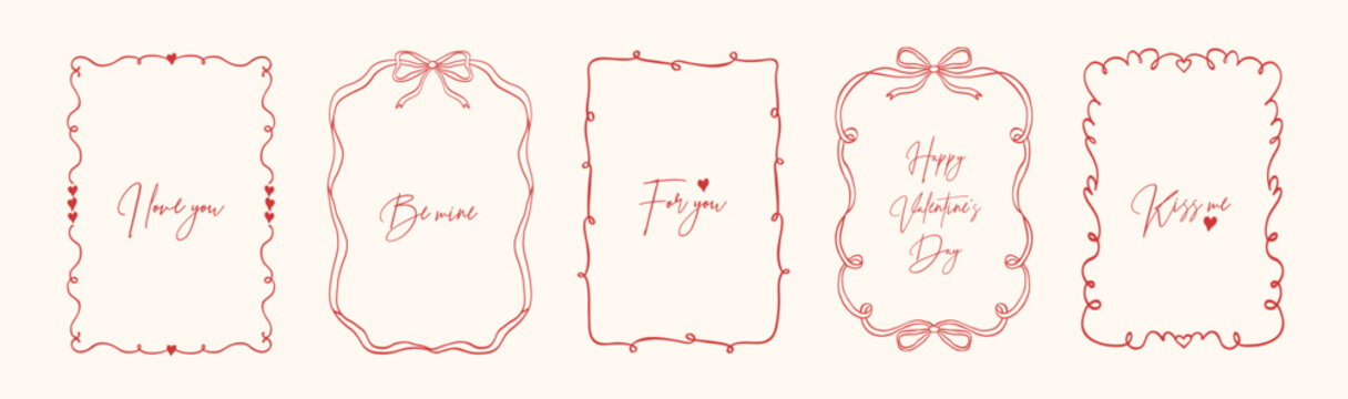 Set of vintage hand drawn Valentine's day frames with whimsical lines, bows, hearts, ribbons. Vector elegant coquette line art backgrounds. Holiday borders for poster, card, wedding invitation.