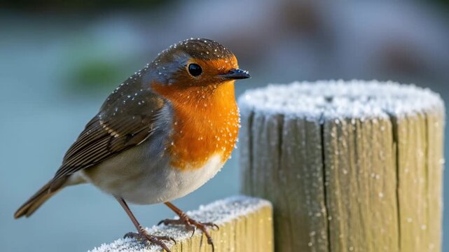 Cute european robin bird with orange breast perched on wooden fence post covered in white frost and snow during cold winter day close up

