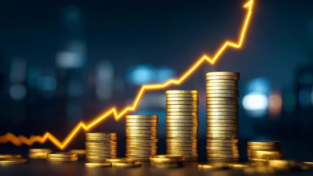 Gold coin stack growth chart rising arrow profit finance showing upward trend increasing revenue investment optimism with glowing growth line