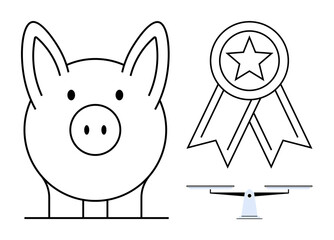Piggy bank for saving, award ribbon for recognition, and scale for balance. Ideal for finance, achievement, fairness, stability, investments rewards and personal finance themes. Simple flat