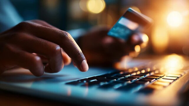 Engaging in Online Shopping: A Close-Up of Hands Using a Credit Card on a Laptop, Highlighting the Digital Payment Process in a Warmly Lit Environment