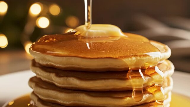 Pouring Honey on Stack of Pancakes for Delicious Morning Breakfast