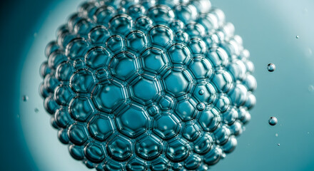 Cluster of Blue-Green Bubbles Forming a Hexagonal Pattern. Microscopic Abstract Liquid Foam Texture Background.