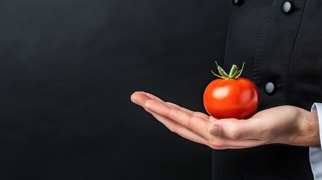 A chef in black attire showcases fresh red tomatoes with care, using an offering gesture that emphasizes the vibrant produce against a dark backdrop in a professional kitchen