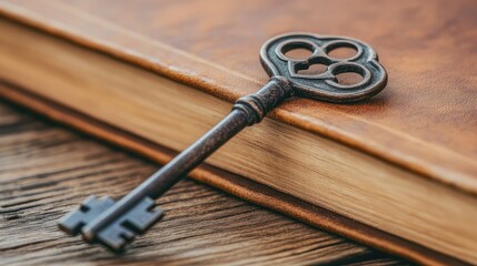 A vintage key lies atop an old leather-bound book, capturing the essence of discovery and adventure. The soft focus and warm lighting enhance the mysterious ambiance