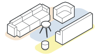 A versatile vector set showcasing modern furniture silhouettes in an isometric perspective. The collection includes sofas, a armchair, a table, and an floor lamp, all crisply isolated on a background