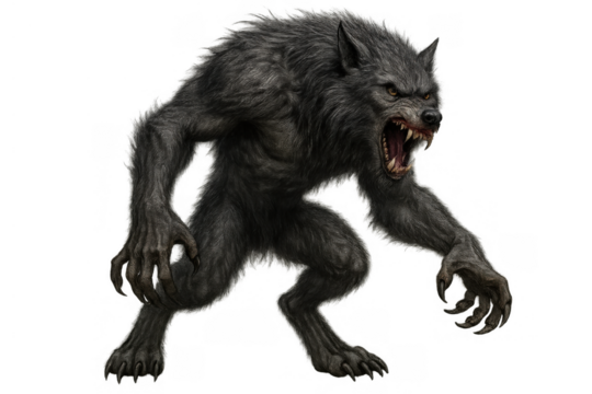 Werewolf monster snarling, a fearsome lycanthrope creature standing in attacking posture with sharp claws and teeth