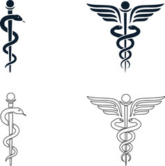 Professional caduceus symbol set featuring wings and intertwined snakes in multiple vector styles, perfect for medical branding, healthcare interfaces, hospital graphics, and clinic logos.