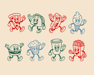 Fast food characters. Vintage mascot. Pizza, funny burger and hot dog. Taco Mexican, sweet muffin and ice cream. French fries snack. Line elements. Vector cartoon flat style isolated illustration set