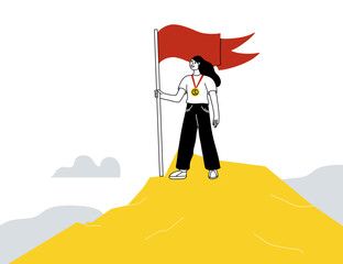 Winner people. Woman with gold medal hold red flag on top of mountain. Happy young businesswoman with medal achieve goal. Successful girl on peak. Vector cartoon isolated illustration