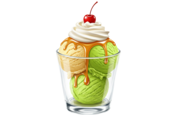 Isolated ice cream sundae with three scoops topped with whipped cream and cherry graphic