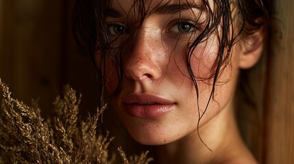 A woman with wet hair holding dry herbs, a cozy atmosphere of vaping and aromatherapy, natural beauty