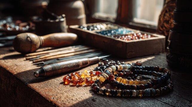 Artisanal jewelry crafting workshop with vintage beads and tools in rustic setting