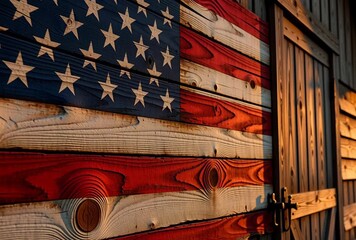 Rustic American Flag barnwood backdrop, depicting heritage and patriotic sentiment with golden