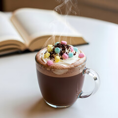 Steaming Hot Chocolate with Pastel Marshmallows and an Open Book