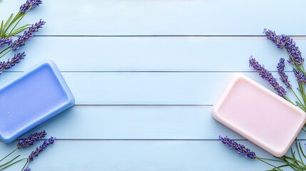 Handmade blue soap bars are beautifully arranged with fresh lavender on a rustic wooden surface, creating a serene atmosphere ideal for a spa setting and relaxation
