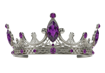 Isolated luxurious silver crown with purple gems for royal celebration, queen or princess