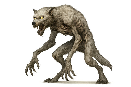 Feral werewolf standing with glowing eyes, snarling, showing sharp teeth and claws, creepy monster on transparent background