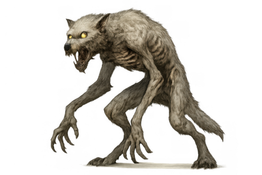 Feral werewolf standing with glowing eyes, snarling, showing sharp teeth and claws, creepy monster on transparent background