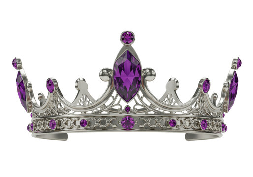 Isolated luxurious silver crown with purple gems for royal celebration, queen or princess
