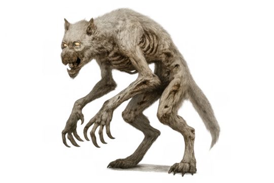 Terrifying werewolf creature with glowing eyes snarling, depicting horror and fantasy, on transparent background