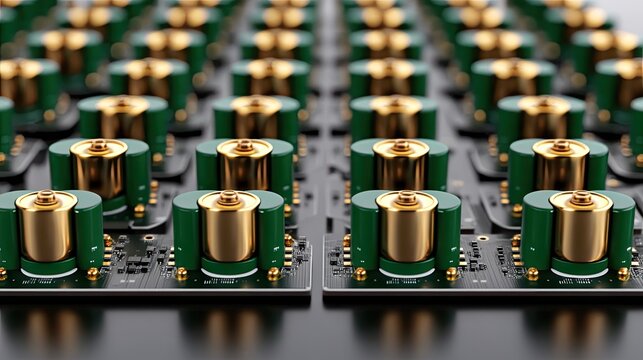 Rows of meticulously arranged green and gold motherboards are displayed symmetrically on a black plastic surface. The backdrop is white, highlighting their intricate design and uniformity