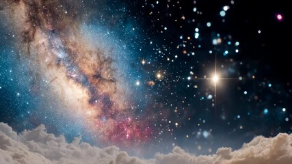Milky way galaxy arching above soft cloud layer with colorful nebula starfield bright star cosmic space galaxy night sky full of wonder - Powered by Adobe