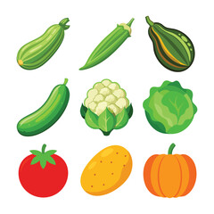 Collection of fresh healthy vegetables including tomato, pepper, cucumber, onion, and carrot in a vector illustration set