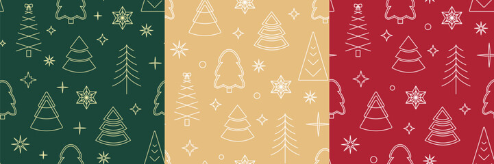 Seamless geometric Christmas pattern with linear trees, snowflakes, and gold minimalist icons. Modern luxury line art background for festive designs.