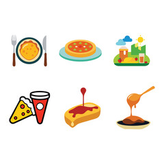 Food and drink vector icons set with cartoon illustrations of fast food, breakfast, coffee, and pizza meals