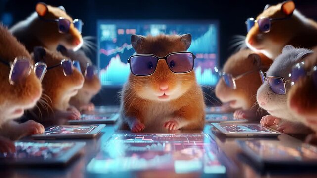 A group of hamsters, donning stylish sunglasses, gathers around a high-tech table, analyzing market trends on tablets while showcasing their clever and playful personalities.