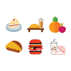 Fast food icon set vector illustration featuring a delicious lunch menu of burger, pizza, hotdog, sandwich, dessert, and chicken