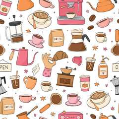 Coffee doodles seamless pattern for wallpaper, wrapping paper, scrapbooking, backgrounds, textile prints, stationery, product packaging, etc. EPS 10