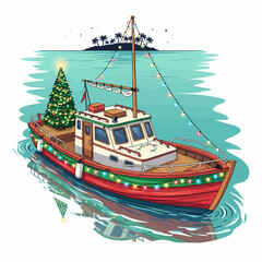 Vibrant cartoon illustration of a boat decorated with Christmas lights and a tree, floating near a tropical island, perfect for a summer holiday celebration