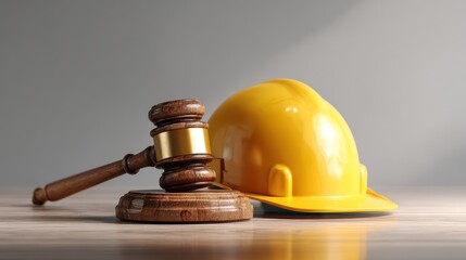 Gavel and hard hat, a symbol of justice and safety in construction