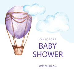 Hot air balloon vector icon flying high in a colorful summer sky with clouds